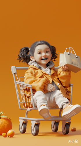 Cute Girl in Shopping Cart: Happy and Fashionable 3D Rendering