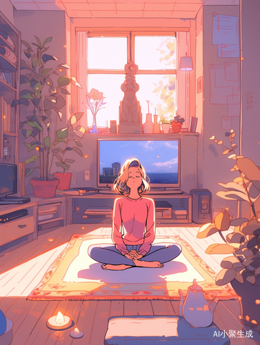 可爱女孩在温馨房间里做瑜伽，电视播放动画片，温馨治愈插画全景