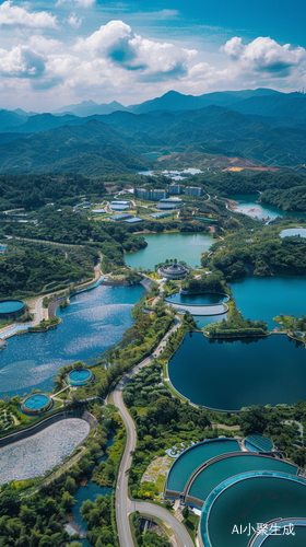 巨大心形水库，豪华山顶民宿，海军蓝与淡绿色