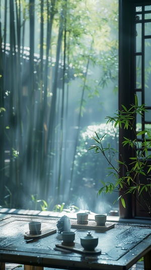 竹林茶几-江南风格的建筑，茶几外面是竹林