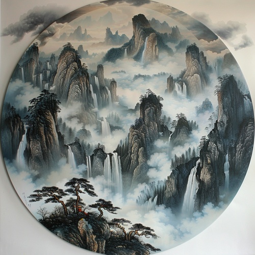 画一幅中式山水画，云雾缭绕，山峦若隐若现