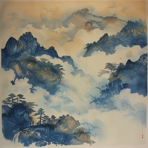 画一幅中式山水画，云雾缭绕，山峦若隐若现