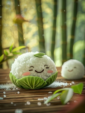 A cute green cabbage with rice dumpling, with an anthropomorphic expression style and round shape. Light white and dark beige tones, with soft edges and blurred details. The background is a bamboo forest, with a blurred foreground, and a happy smile on the face of the vegetable characters. White powder decoration, warm tones, a natural environment, with a macro lens shot of a wooden table top, and bright colors. Flowing water droplets, high saturation, with a childlike fun, in the style of.