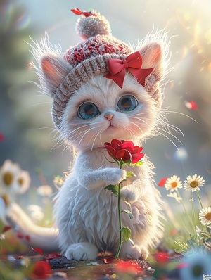 A cute and sweet Pixar kitten, fluffy and chubby, knitted hat with red bow, long dress, holds a rose in both hands, beautiful blue eyes, slim body, sweet smile, opens mouth on a spring morning, Small daisies, delicate and delicate, clean sunlight, fairy tales, incredibly high detail, Pixar style, romantic elegance, vibrant colors, natural light, simple background, pure blue, 5 degrees and octane rendering, artstation pop, gorgeous, super wide - angle, 8K, high - definition vivid niji 5 ar 9:16