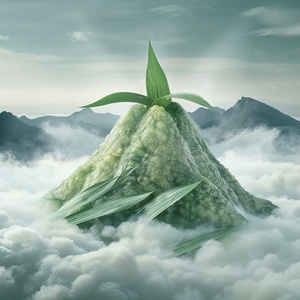 A giant Zongzi in the shape of mountain peak, with green leaves on top and surrounded by clouds, misty mountains in background, food photography, detailed, surreal, digital art, high resolution, bright colors, high angle view,cinematic lighting, photo realistic, symmetrical composition, fantasy, magical realism, fresh green, golden yellow, soft light.