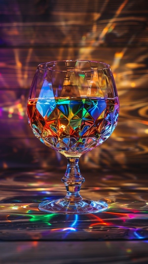 undefined Rainbow-colored wine in a crystal cup, at a with wooden background