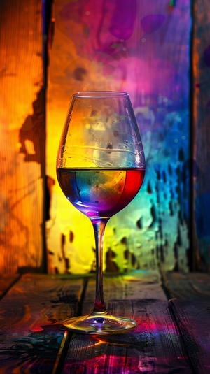 undefined Rainbow-colored wine in a crystal cup, at a with wooden background