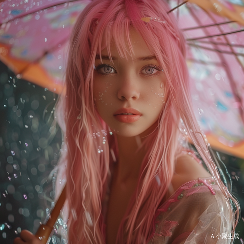美少女在花海中雨天打伞，室外柔光下完美脸庞展现晶莹剔透光泽