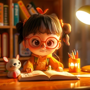 A very cute little girl is doing her homework, surrounded by books, with a smile on his face, looking very happy. The warm sunlight shines on the side, with a blind box style, realistic PVC texture, exquisite Luster chibi, 3D rendering, OC rendering 3D model, super detailed