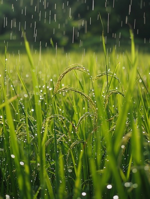 雨点在稻田上飘落