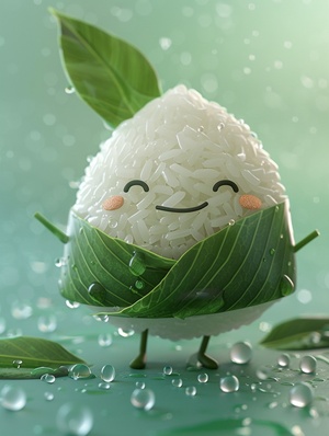 A lovely cartoon zongzi made of white rice and zongzi leaves, wearing clothes made of zongzi leaves, it smiled happily in front of the camera, wrapped zongzi leaves with water droplets, crystal clear, pure color clean background, c4d, simple design style.three-dimensional depth, high clarity, bright colors, strong composition.