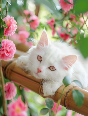 White cat lying on a bamboo bridge, with a pink rose garden background, in the floral style, with pink and green tones, soft light, warm colors, a cute expression, and playful posture, with high definition photography of a natural scenery. A white kitten with a pink nose, with pink flower branches hanging from the left side of its head, green leaves in front, and pink flowers blooming around. The white fluffy fur is smooth like cotton candy, eyes sparkling brightly as if looking at something beautiful.