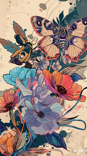 Anime-style Moths and Colorful Blossoms