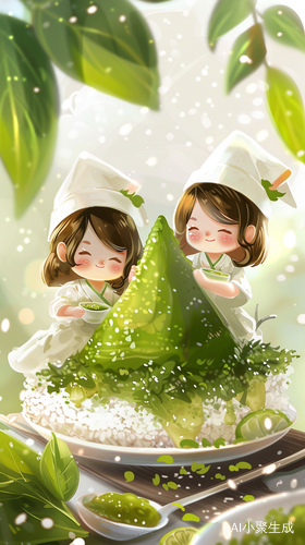Green Triangular Rice Dumpling with Cute Cartoon Style and Bright Colors