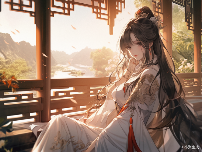 长发中国女孩坐在中国古代宅院中