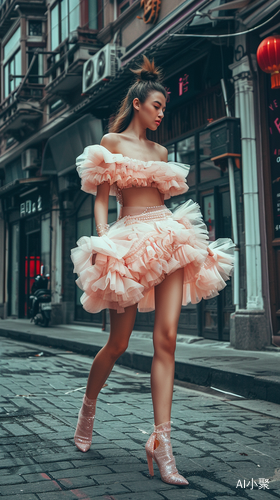 An American Woman Walking Down the Street in a Pink Puffy Dress