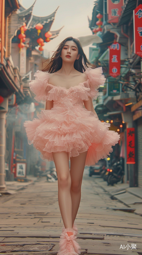 An American Woman Walking Down the Street in a Pink Puffy Dress