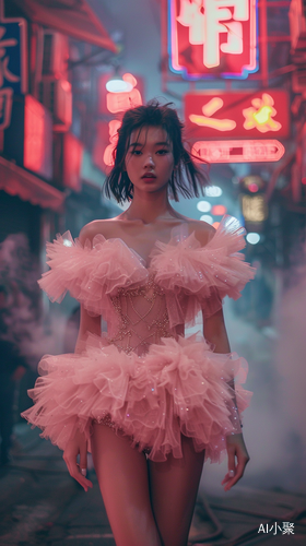 An American Woman Walking Down the Street in a Pink Puffy Dress