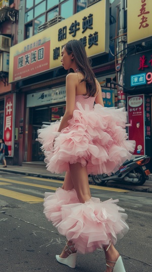 Movie,stili,2023,fashion,,an,american,woman,is,walking,down,the,street,in,a,short,Pink,puffy,dress,,in,the,style,of,movie,still,,ar,4:5,9,2,s,750