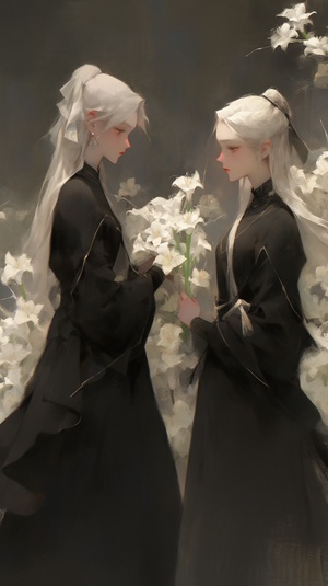 双子座 painting of two women in black dresses with white veils and flowers, artwork in the style of guweiz, guweiz, guweiz masterpiece, wlop andsakimichan, by Yang J, krenz cushart and wenjun lin, by Li Song, loish and wlop, wlop androsstran