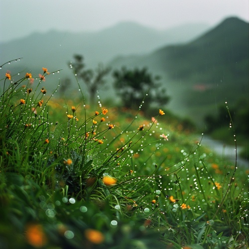 细雨绵绵春意寒，轻烟袅袅绕山间，山谷中隐约传来鸟语花香。蓝灰色的天空中弥漫着湿润的气息，微风轻拂着细雨滴在花瓣上。湿润的草地上，翠绿的小草仍然挺立着，它们身上沾满了雨露的痕迹。水滴顺着叶片滚落，在细雨中形成美丽的水珠。山间的青石路上映着微弱的光芒，被细雨洗涤得更加干净。在这样的春天，小鸟们在树梢上低语，花朵们含苞待放，山间弥漫着一片神秘而宁静的氛围。