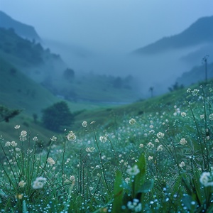 细雨绵绵春意寒，轻烟袅袅绕山间，山谷中隐约传来鸟语花香。蓝灰色的天空中弥漫着湿润的气息，微风轻拂着细雨滴在花瓣上。湿润的草地上，翠绿的小草仍然挺立着，它们身上沾满了雨露的痕迹。水滴顺着叶片滚落，在细雨中形成美丽的水珠。山间的青石路上映着微弱的光芒，被细雨洗涤得更加干净。在这样的春天，小鸟们在树梢上低语，花朵们含苞待放，山间弥漫着一片神秘而宁静的氛围。