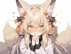 A pair of fox ears, long-haired girl wearing a white dress, hands chin.