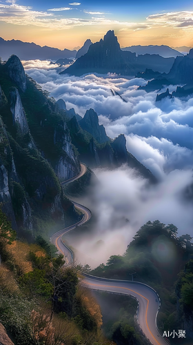 仙境般的蜿蜒山路与蔚蓝天空