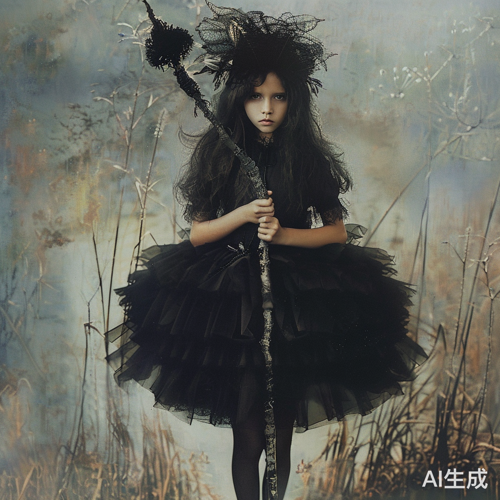 鹿耳女孩穿黑色短款公主裙，手持长法杖