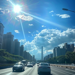 The sun shines on the blue sky , the white clouds and the cars driving below. The picture is clear and bright, shot in the style of a mobile phone camera. The photo was taken from outside the car window, showing a realistic style. High resolution photography captured the view of the Futian Diamond Tower building in the sun. This photo shows high-definition details and creates a vibrant atmosphere with realism.