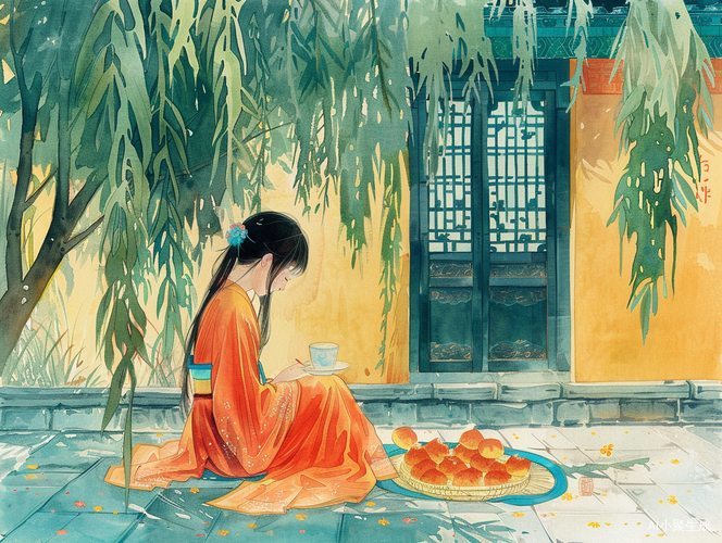 中国风庭院少女包鲜艳粽子