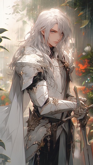 WLOP, Dark anime style, dressed in silver white armor with exposed navel, wielding a spear, handsome and graceful, with flowing long hair, smooth lines, dynamic close shots, soft lighting, and a background of the royal garden ar 9:16 q 2 s 100 style raw