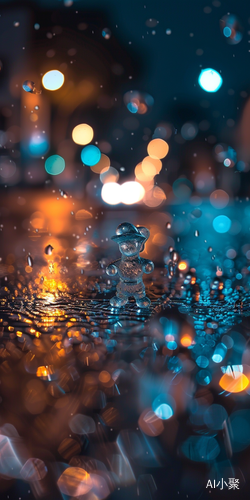 Moon God: Crystal Glass Figure in Wet Night Street