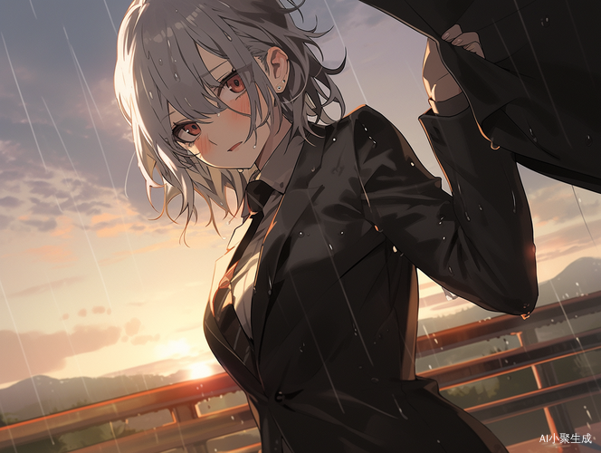 女性远眺黄昏射线