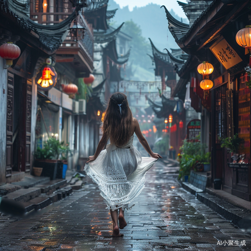 江南水乡美少女白裙街景中色古建