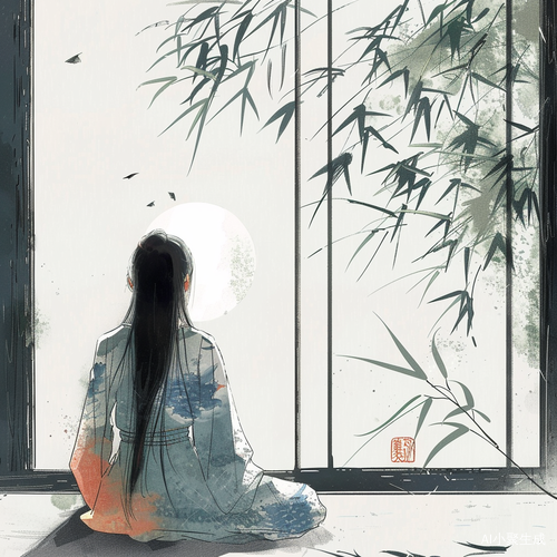 竹影婆娑，少女对月思索