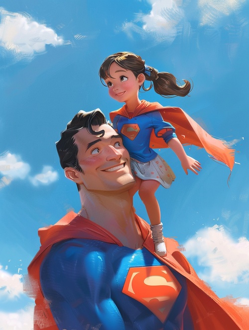 Father's Day poster with a cute girl sitting on his fathers shoulder,the father wearing superhuman costume,red cloaks, and blue jumpsuits,the girl has beautiful and bright eyes, a happy smile on her face, exquisite facial features,bright light, bubble mart, Pixar style, children's illustration, bold colors and composition, background is light blue sky with white clouds,bright sun shining on the face, clear face, close-up of movie lens, happy and warm expression, super details,super high quality,