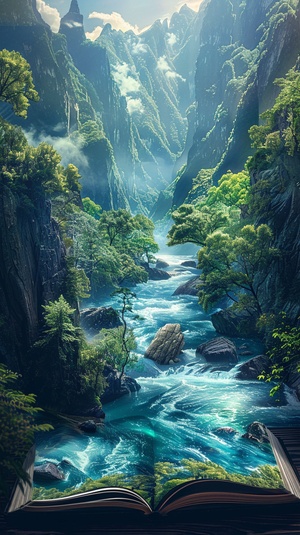 3d stereoscopic art, open book has stereoscopic Chinese landscape painting, river, mountain, book, natural scenery, blue and green color scheme, soft light, 3D art, octane rendering, bright background, colorful, panoramic