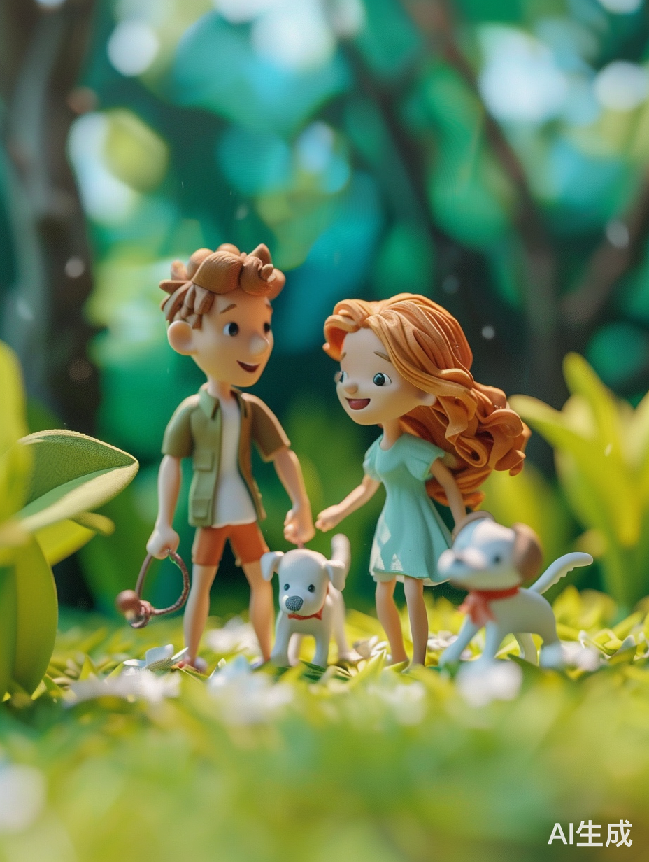 可爱年轻夫妇与狗在夏日草地上的欢乐时光