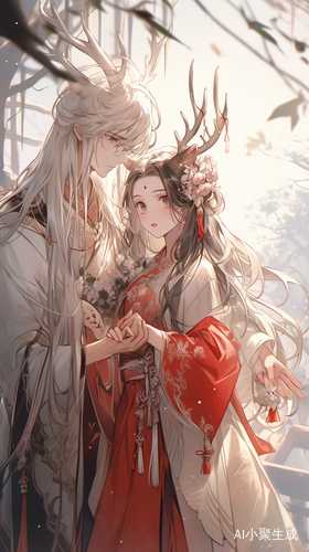 少年牵手中国风少女，白色鹿角与黑色蛟龙之约