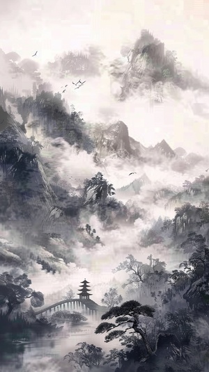 水墨山水AI绘制的中国山水画，笔触细腻，层次分明。淡墨和浓墨的巧妙运用，营造出云雾缭绕的景象；水面墨色的变化，生动地捕捉了流动的韵律；巧妙的构图，远近景深的层次，感让人仿佛置身其境；近处的树木和岩石，中间的连绵山峦，远处的云雾缭绕，每一处都细节丰富，和谐共融，让人的目光在画中自由游走，品味无穷。画面传达了一种，对自然景观的精准描绘和深情赞美，体现了山的坚毅与水的智慧，寓意深远。小舟和远方的亭子，似乎在诉说着人与自然的和谐相处，展现了一种理想的自然生活状态。 #ai绘画