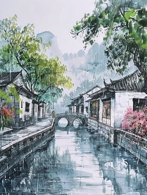 江南烟雨百景图——古桥楼阴雨中清晰可见的水墨画