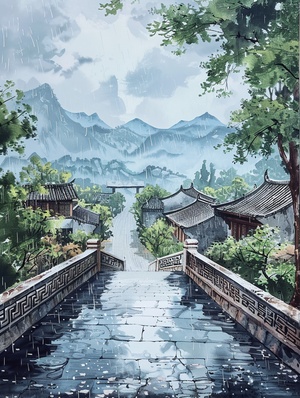 江南烟雨百景图——古桥楼阴雨中清晰可见的水墨画