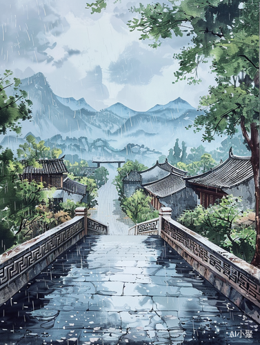 江南烟雨百景图——古桥楼阴雨中清晰可见的水墨画