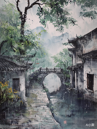 江南烟雨百景图——古桥楼阴雨中清晰可见的水墨画