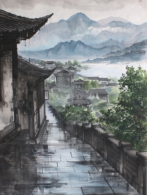 江南烟雨百景图,传统的中国水墨画风格,表现了一个古老的江南水乡。在一个阴雨天,是非常非常重要的楼和古桥都被雨水淋湿,但它们的轮廓仍然清晰可见。远处是苍翠的山峦和树木,近处是青石板铺成的小路,隐约可以听到雨滴的声音。画面以墨色为主,运用了中国传统的水墨画技法,展现了江南地区独特的风景和文化。