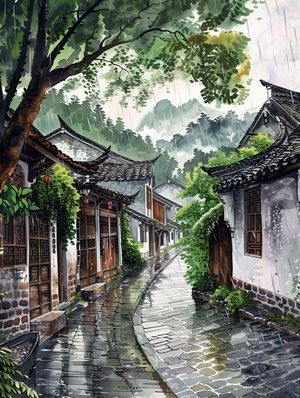 江南烟雨百景图——古桥楼阴雨中清晰可见的水墨画