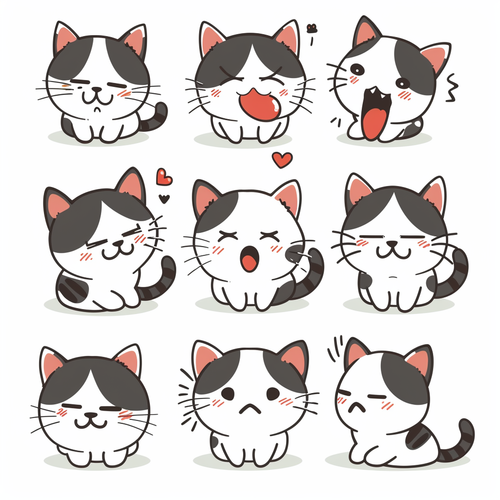 萌萌小猫咪-九姿势表情插图，白色背景，简约线条艺术