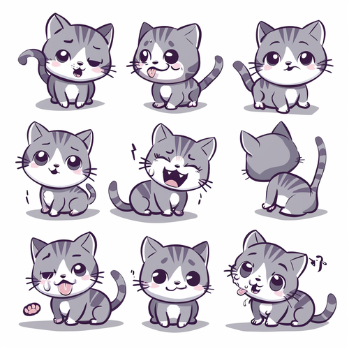 萌萌小猫咪-九姿势表情插图，白色背景，简约线条艺术