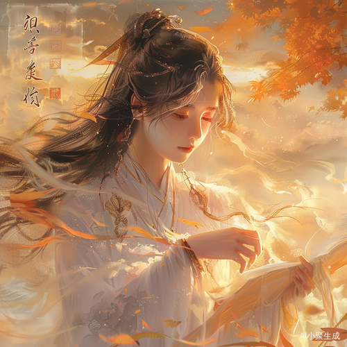 闪耀秋日：神秘女孩在古中国海报上的背景